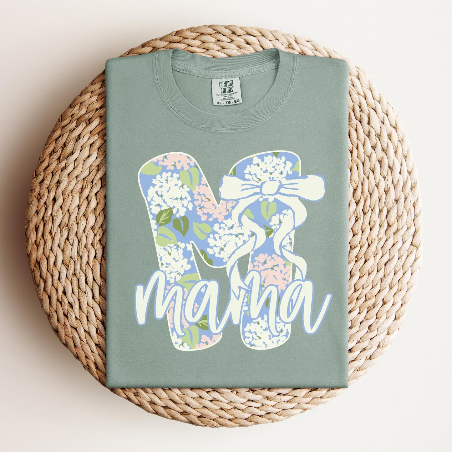 Blue Floral Mama T-shirt on Comfort Colors Bay, women's, preppy, bow