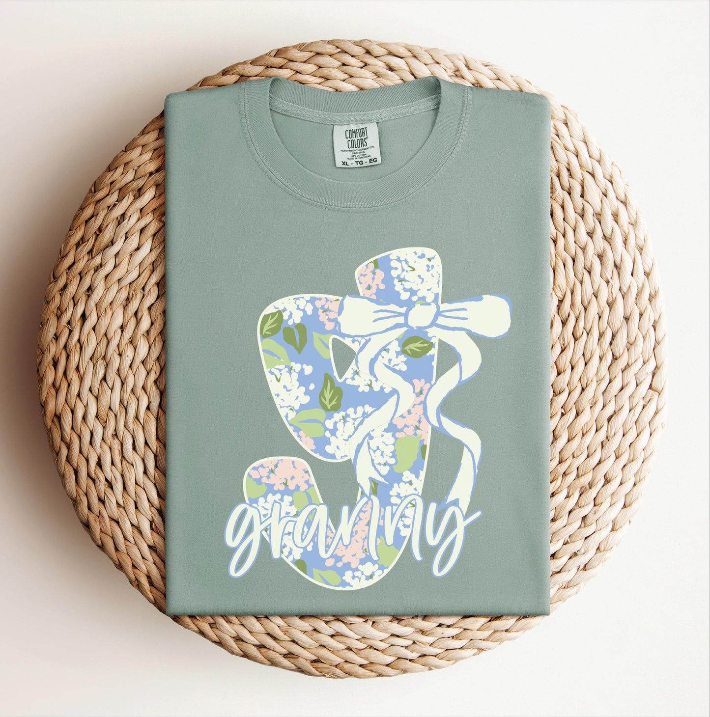 Blue Floral Granny T-shirt on Comfort Colors Bay, women's, preppy, bow
