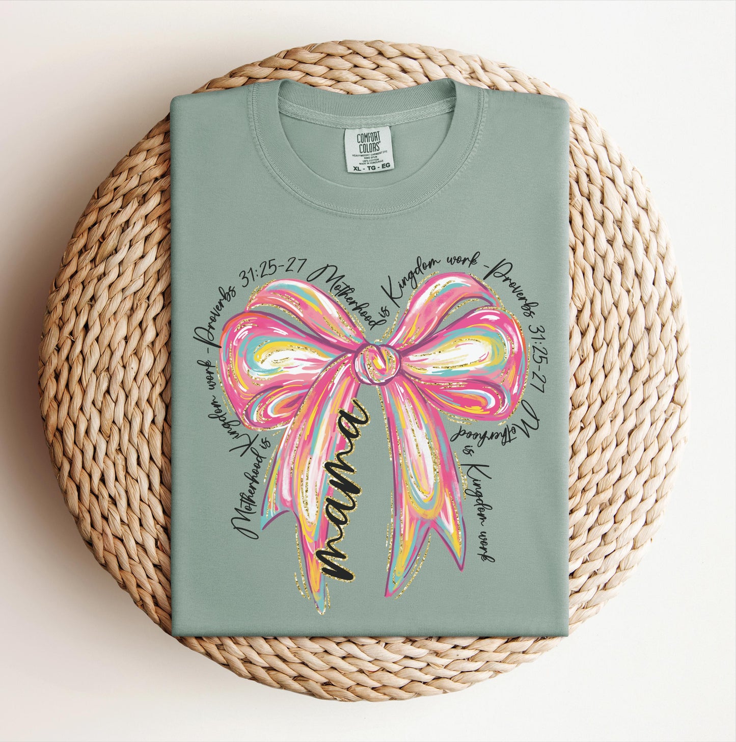 Christian Mama Pink Bow T-shirt on Comfort Colors Bay, women's, preppy, proverbs