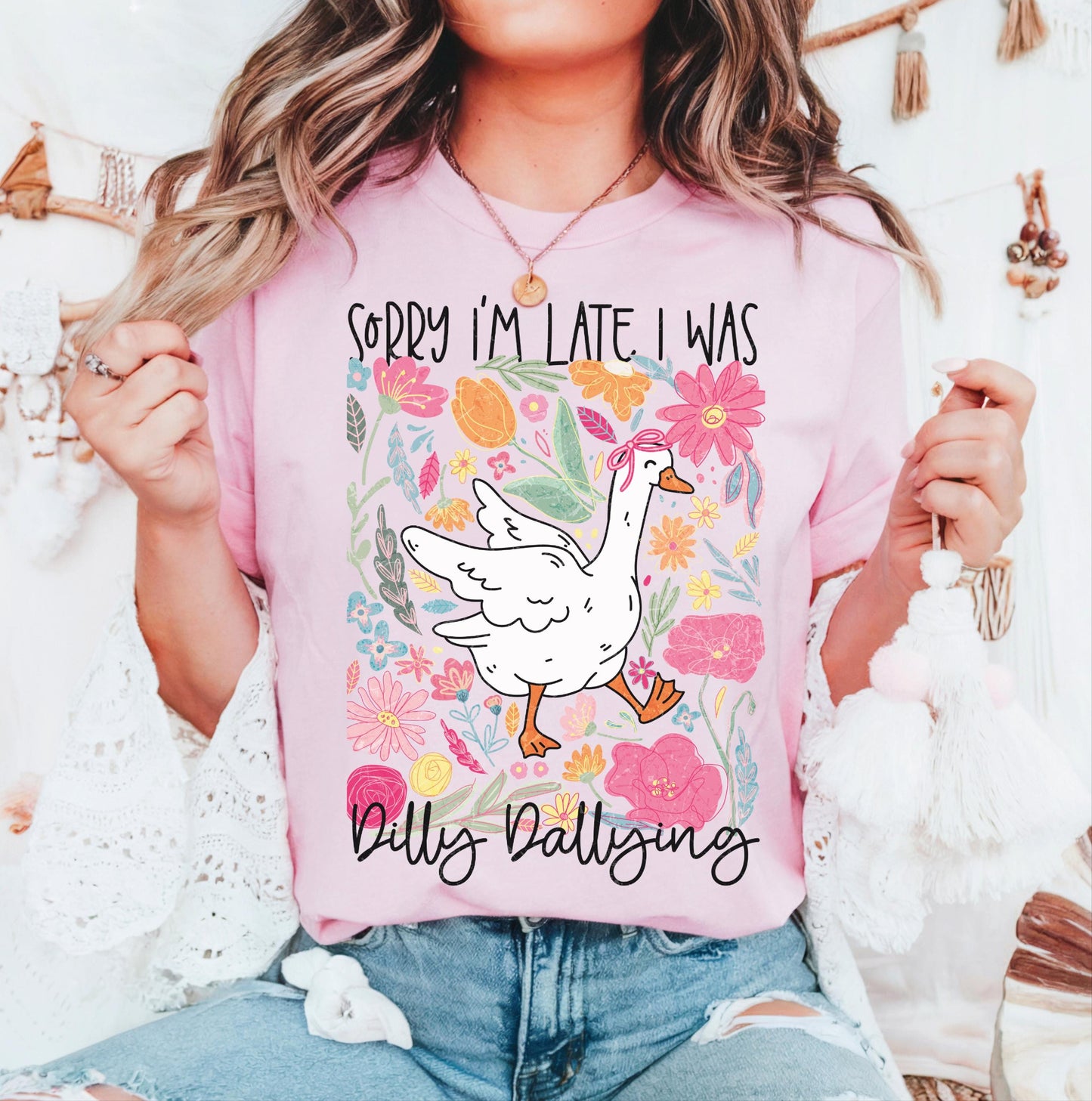 Sorry I'm late goose design on Comfort Colors Blossom, pink, dilly dally, trendy, funny