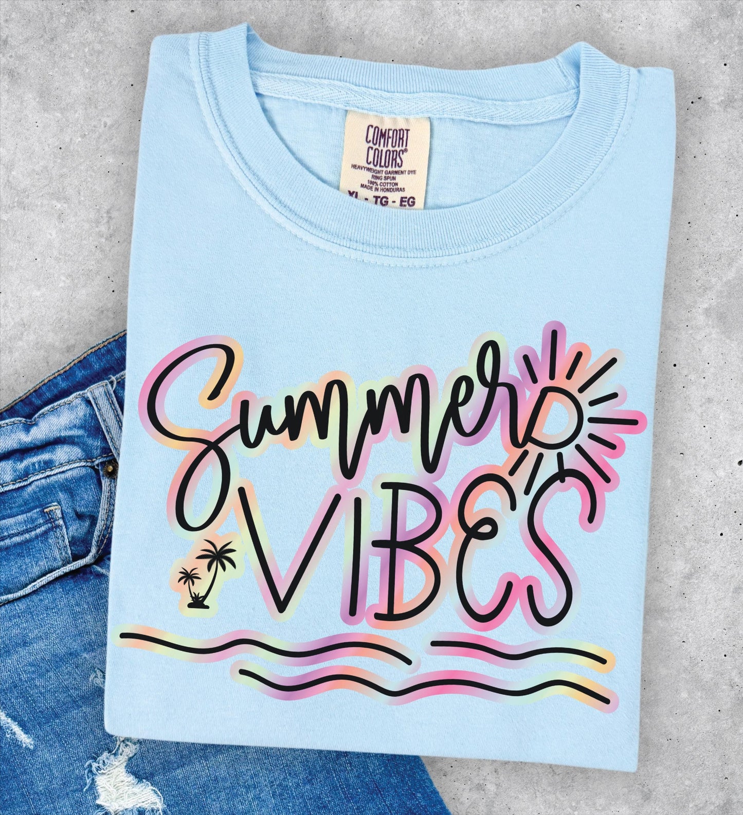 Summer Vibes T-shirt, Comfort Colors Chambray, blue, Summer, Rainbow, Sun, Fun