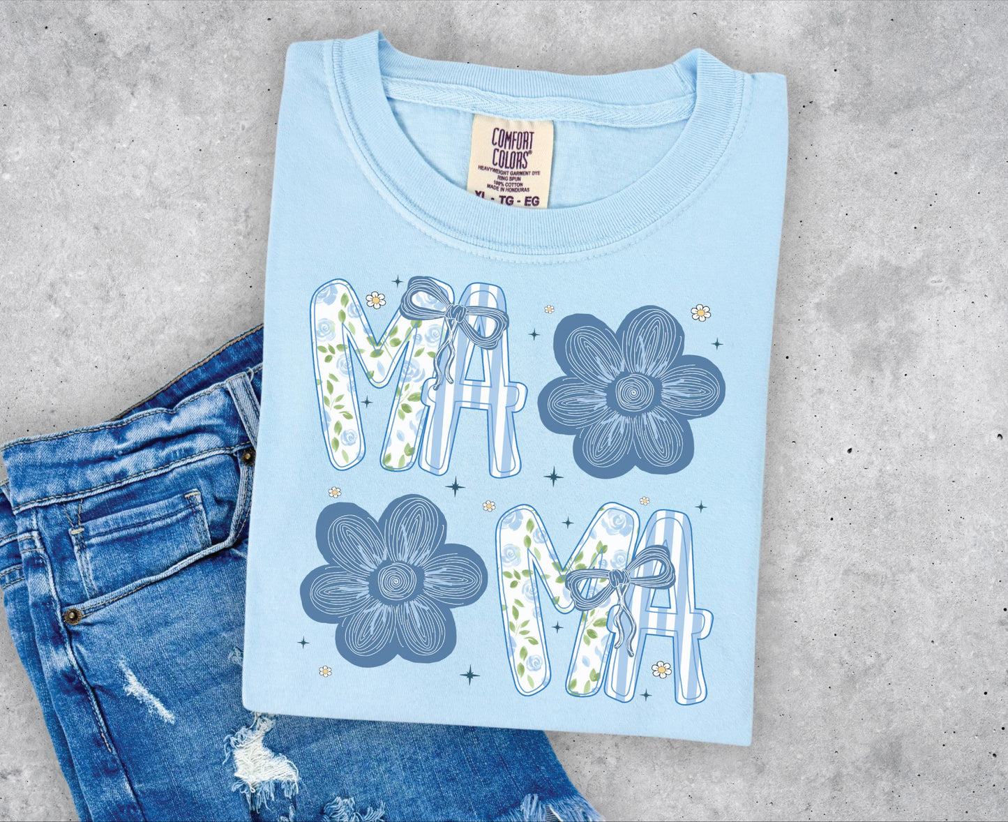 Mama with Blue Flowers T-shirt on Comfort Colors Chambray, women's, preppy, floral, mama