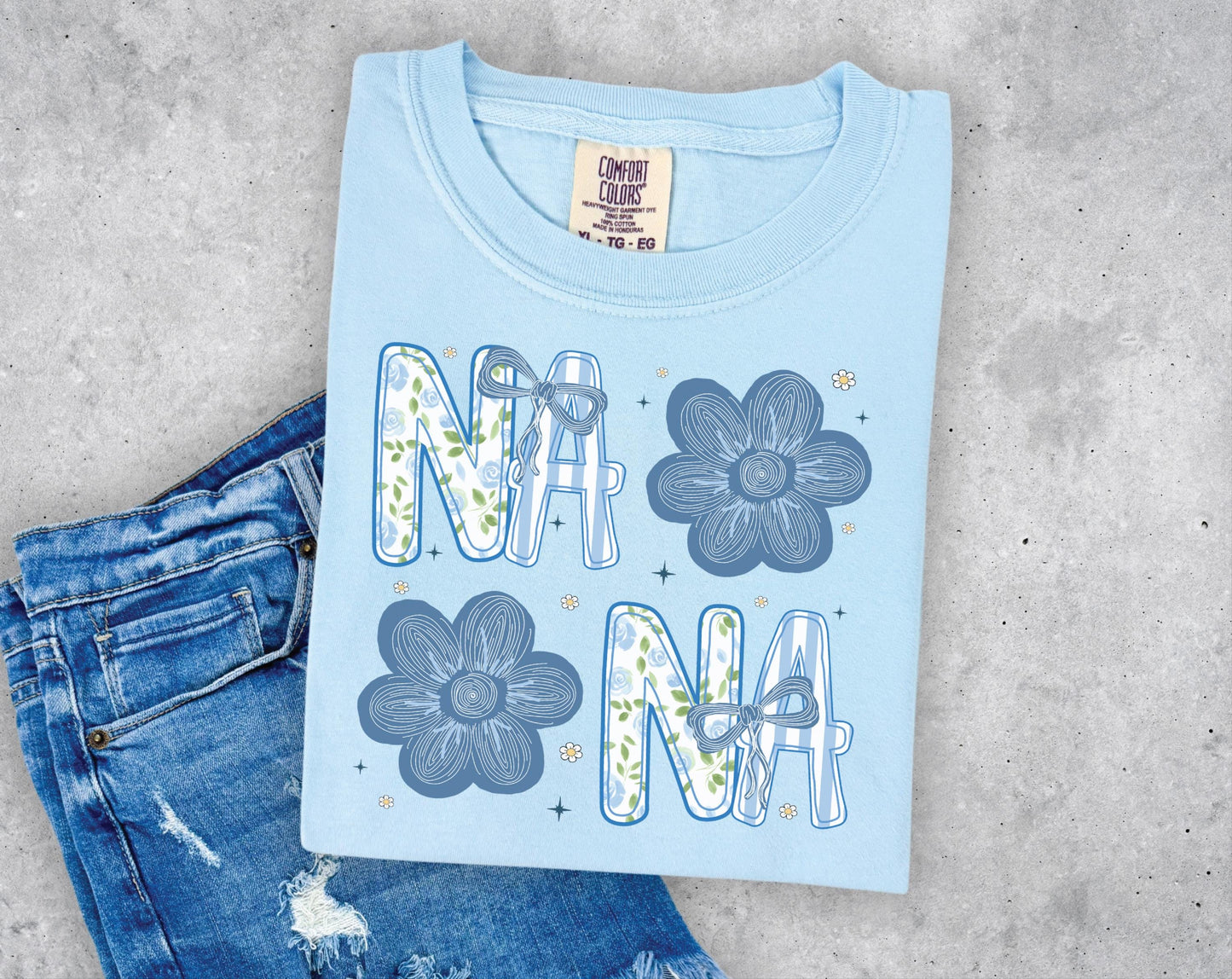 Nana with Blue Flowers T-shirt on Comfort Colors Chambray, women's, preppy, floral, grandma