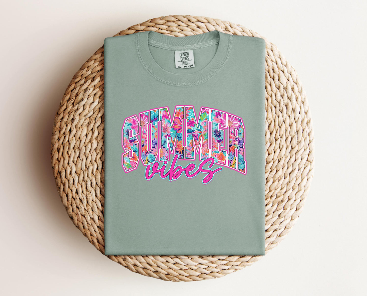 Summer Vibes T-shirt on Comfort Colors Bay, women's, summer, floral, preppy, neon
