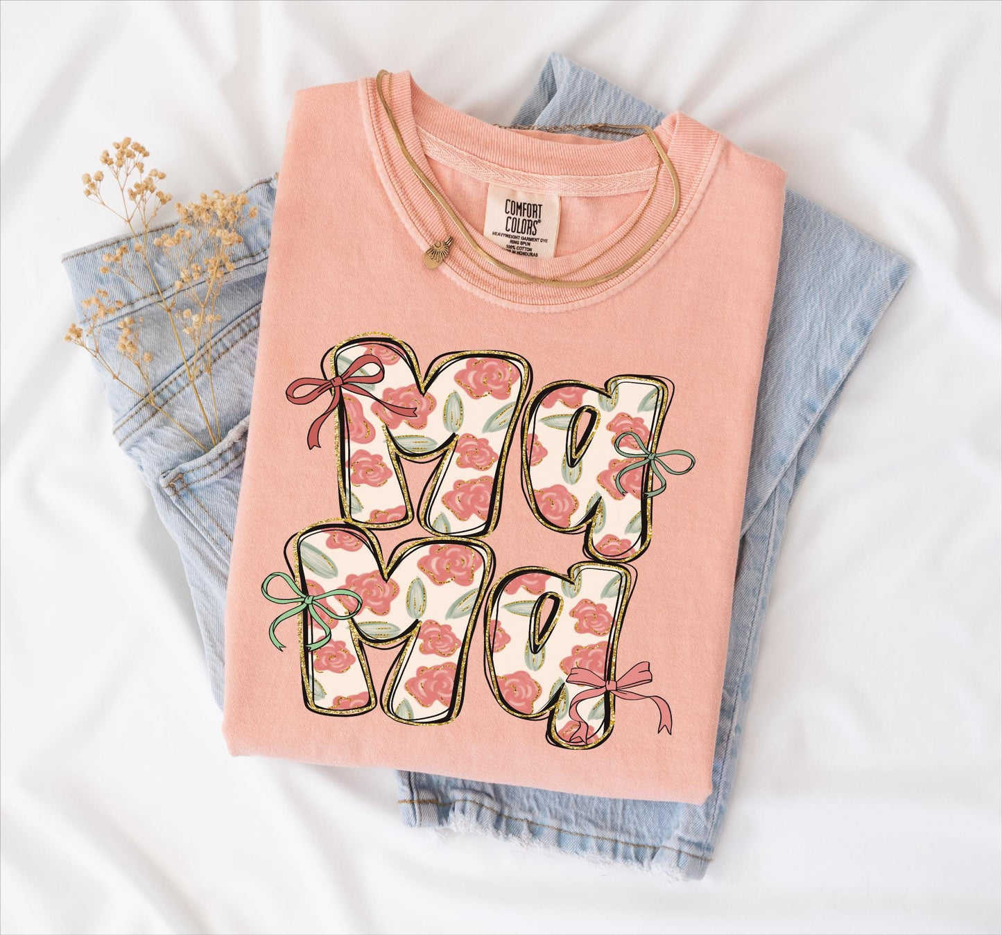 Mama with roses T-shirt on Comfort Colors Peachy, women's, mama, roses, floral