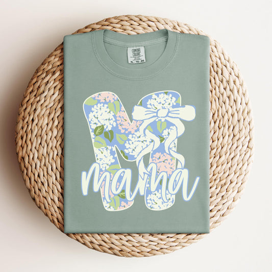Blue Floral Mama T-shirt on Comfort Colors Bay, women's, preppy, bow