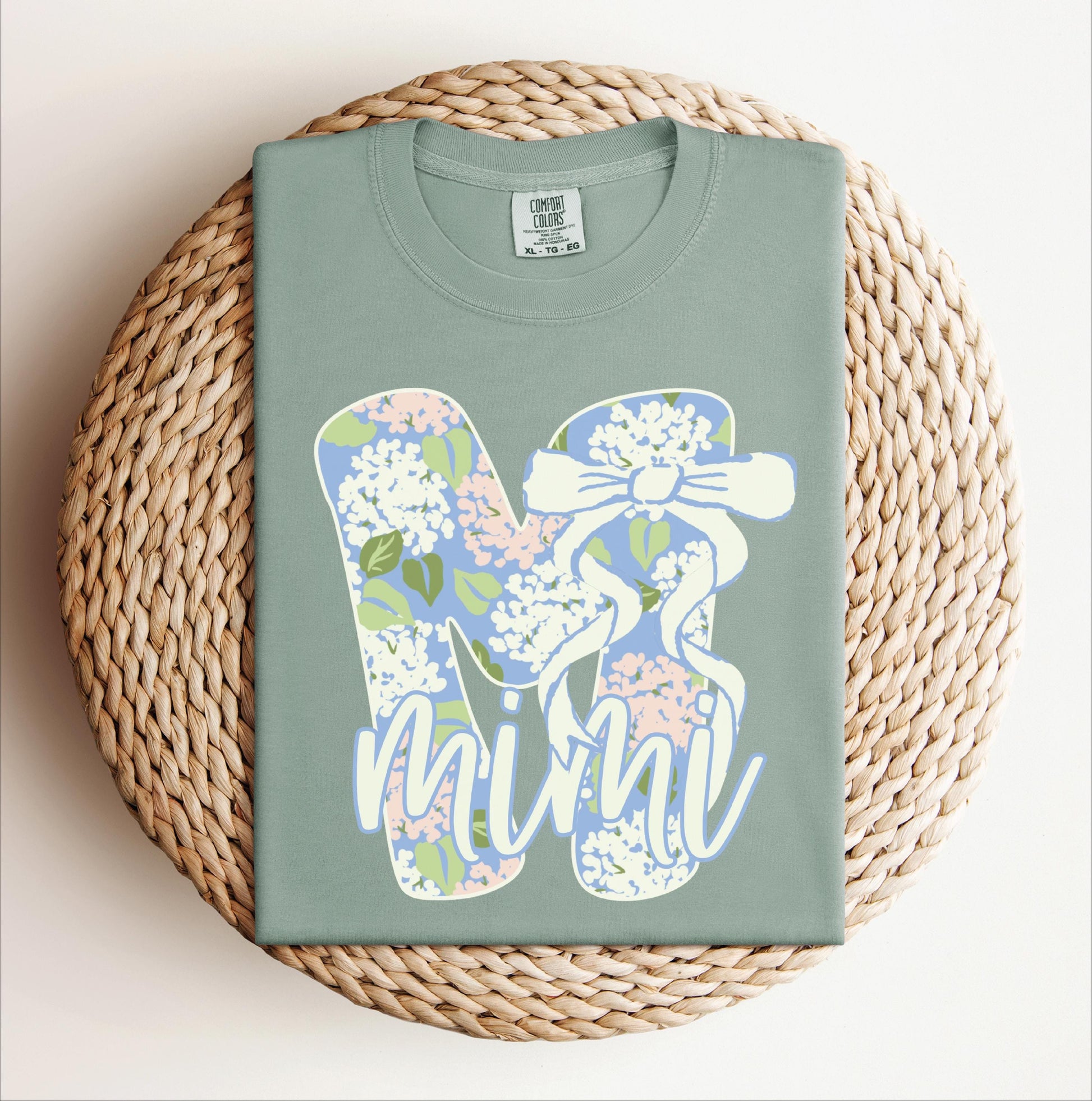 Blue Floral Mimi T-shirt on Comfort Colors Bay, women's, preppy, bow