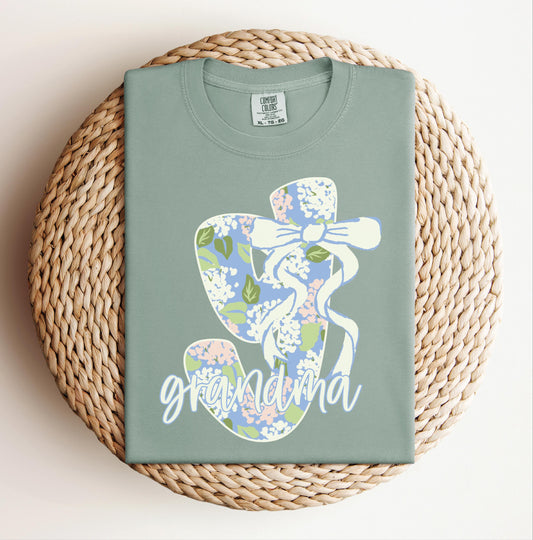 Blue Floral Grandma T-shirt on Comfort Colors Bay, women's, preppy, bow