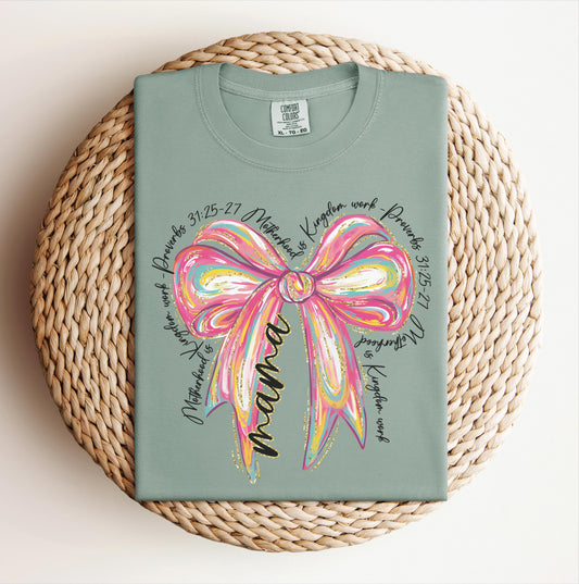 Christian Mama Pink Bow T-shirt on Comfort Colors Bay, women's, preppy, proverbs