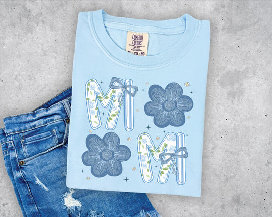 Mimi with Blue Flowers T-shirt on Comfort Colors Chambray, women's, preppy, floral, grandma