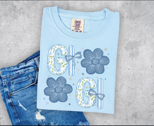 Gigi with Blue Flowers T-shirt on Comfort Colors Chambray, women's, preppy, floral, grandma