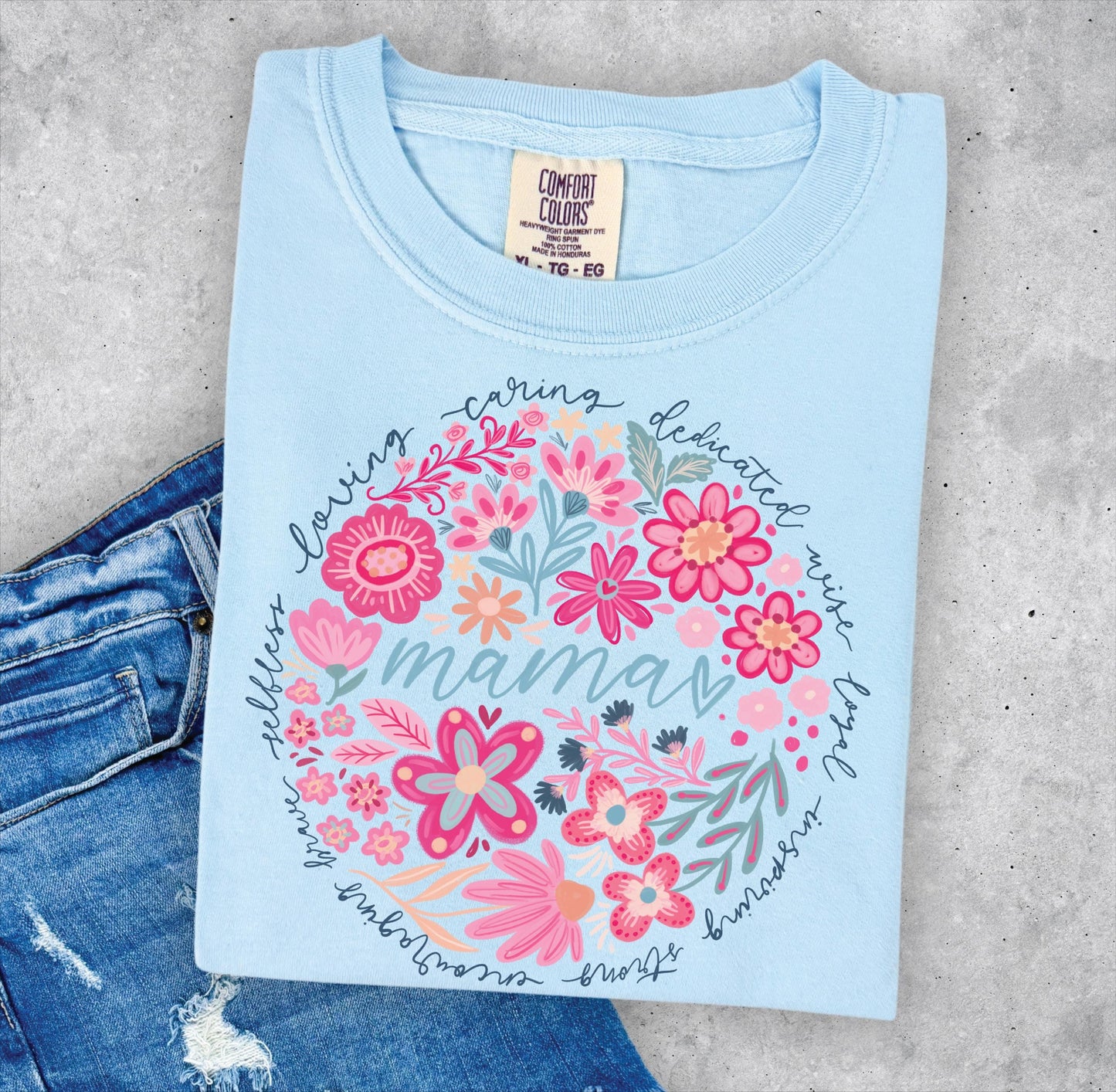 Floral Mama Circle T-shirt on Comfort Colors chambray, blue, women's, mother, mom, floral