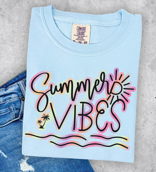 Summer Vibes T-shirt, Comfort Colors Chambray, blue, Summer, Rainbow, Sun, Fun