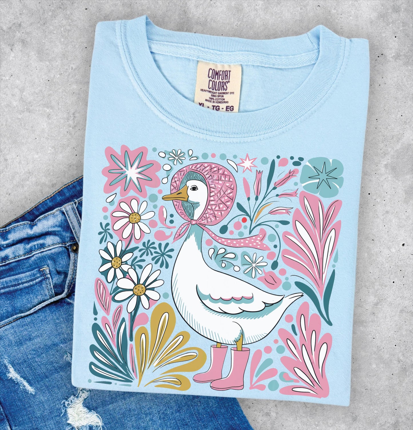 Goose with Bonnet T-shirt, Comfort Colors Chambray Blue