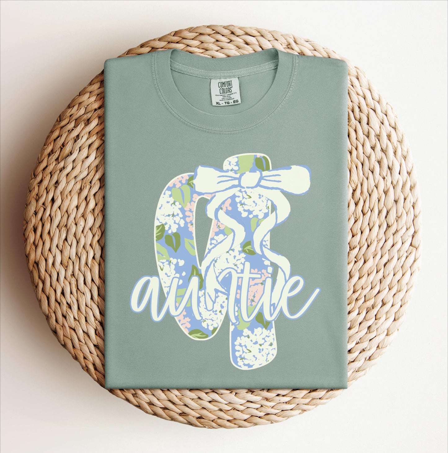 Blue Floral Auntie T-shirt on Comfort Colors Bay, women's, preppy, bow