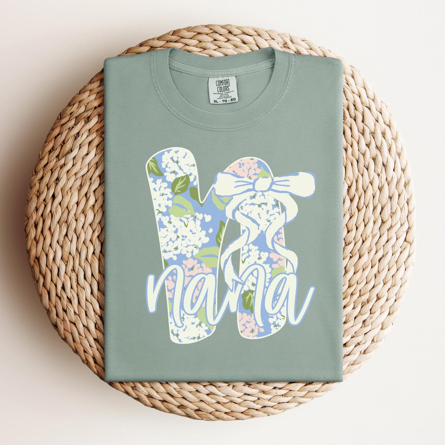 Blue Floral Nana T-shirt on Comfort Colors Bay, women's, preppy, bow