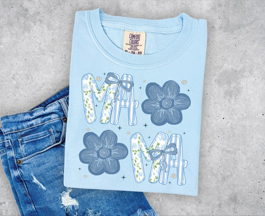 Mama with Blue Flowers T-shirt on Comfort Colors Chambray, women's, preppy, floral, mama