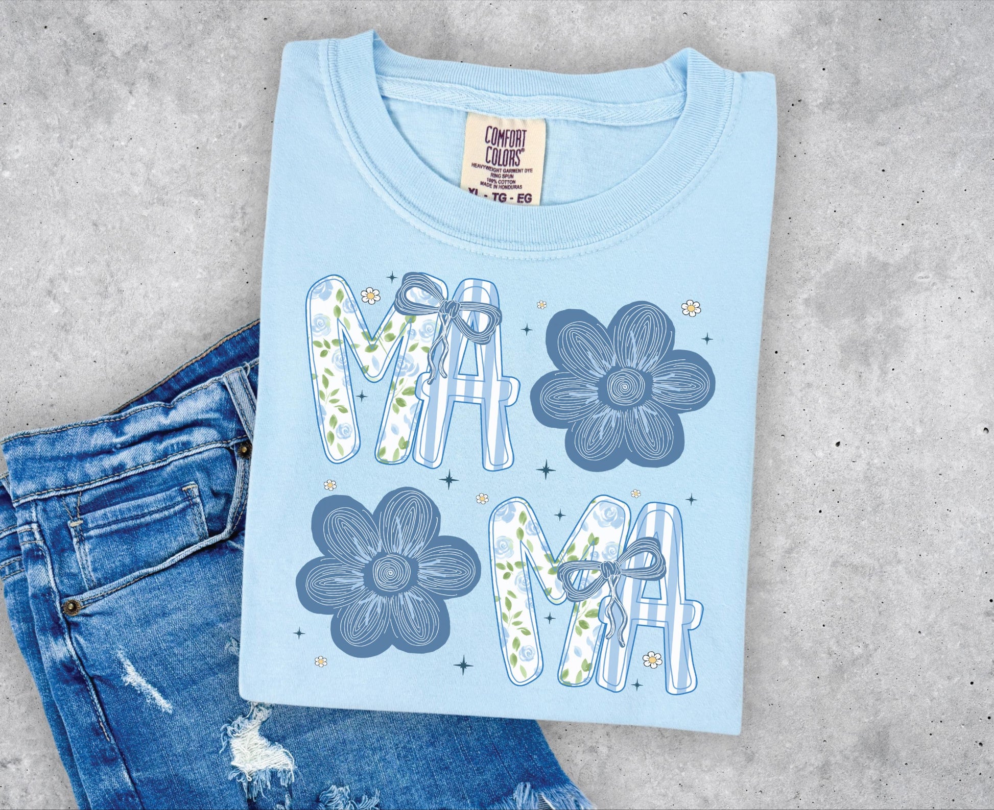 Mama with Blue Flowers T-shirt on Comfort Colors Chambray, women's, preppy, floral, mama