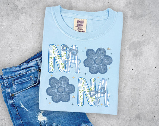 Nana with Blue Flowers T-shirt on Comfort Colors Chambray, women's, preppy, floral, grandma
