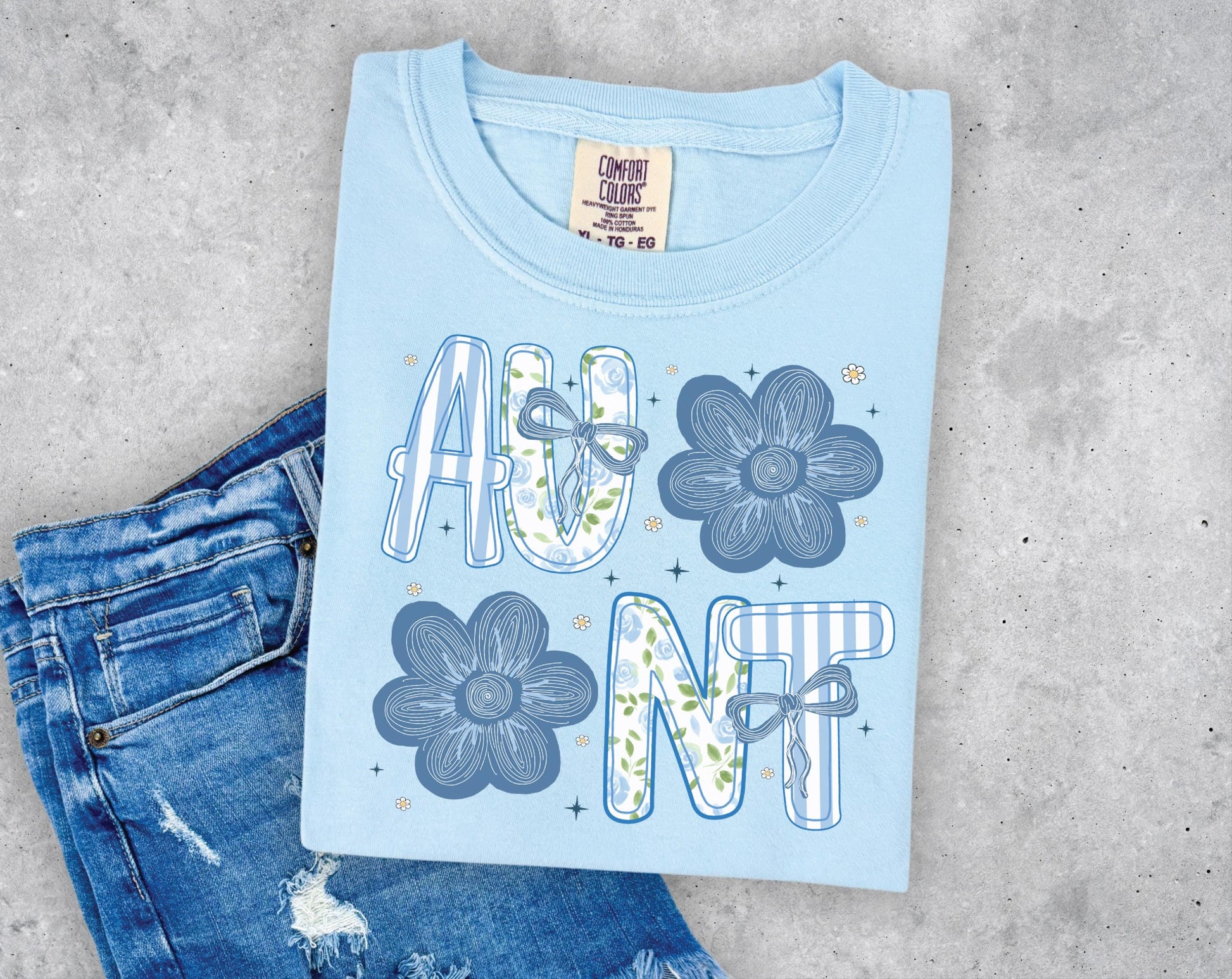 Aunt with Blue Flowers T-shirt on Comfort Colors Chambray, women's, preppy, floral
