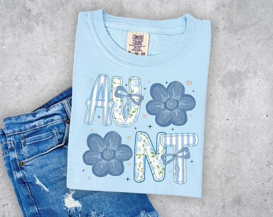 Aunt with Blue Flowers T-shirt on Comfort Colors Chambray, women's, preppy, floral