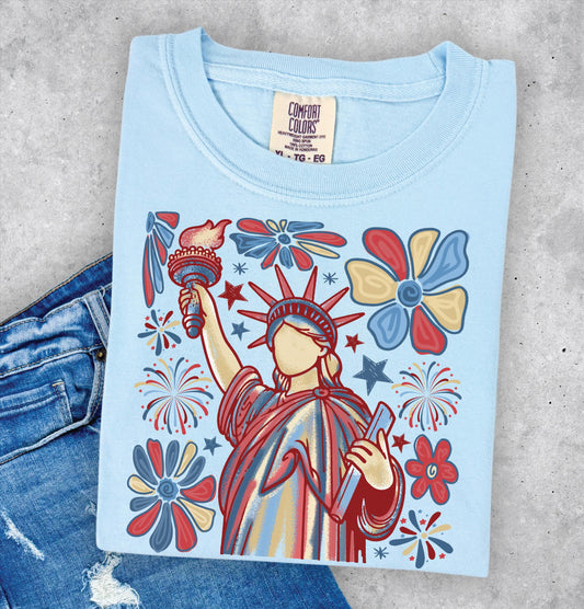 America T-shirt, Comfort Colors Chambray, blue, USA, 4th of July, Patriotic, red white blue