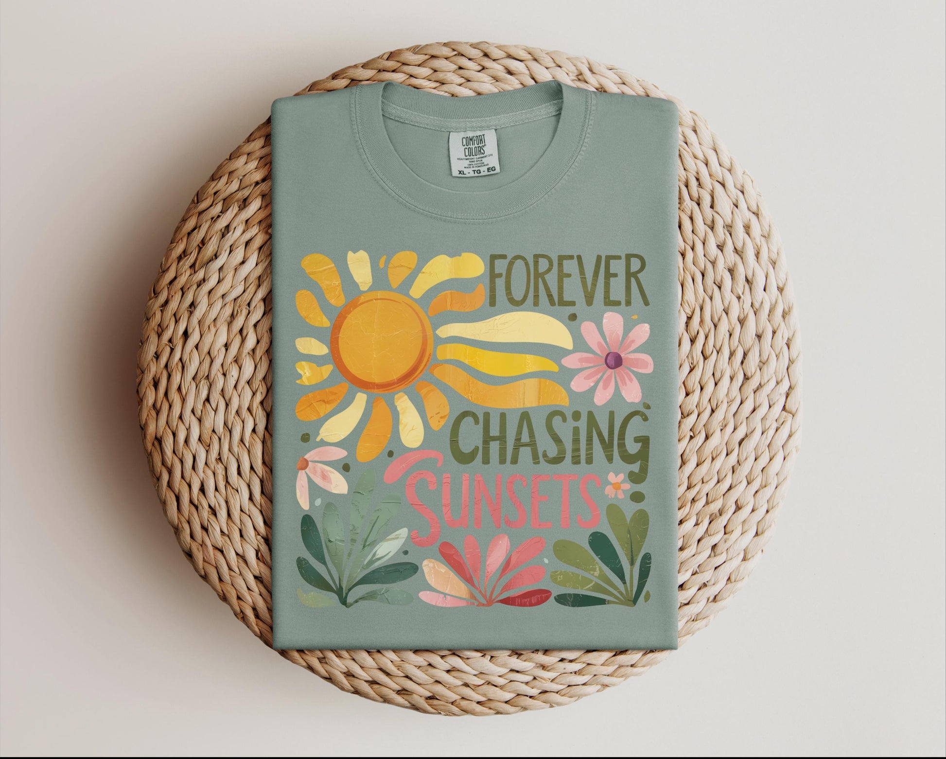 Forever Chasing Sunsets T-Shirt, Comfort Colors Sage Green Tee