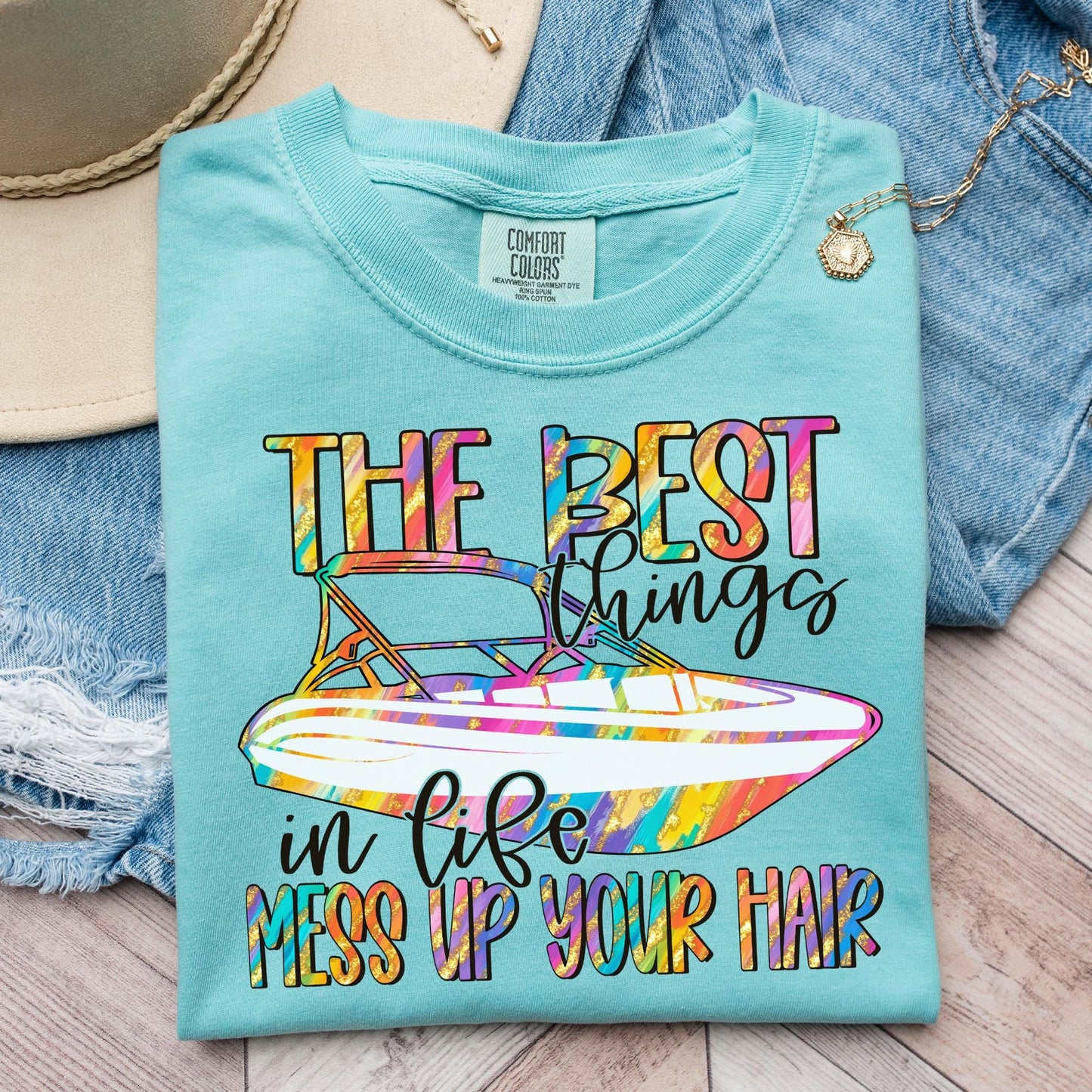 Best Things Summer, Mess hair, Comfort Colors Chalky Mint, women's, lake, boat, swim