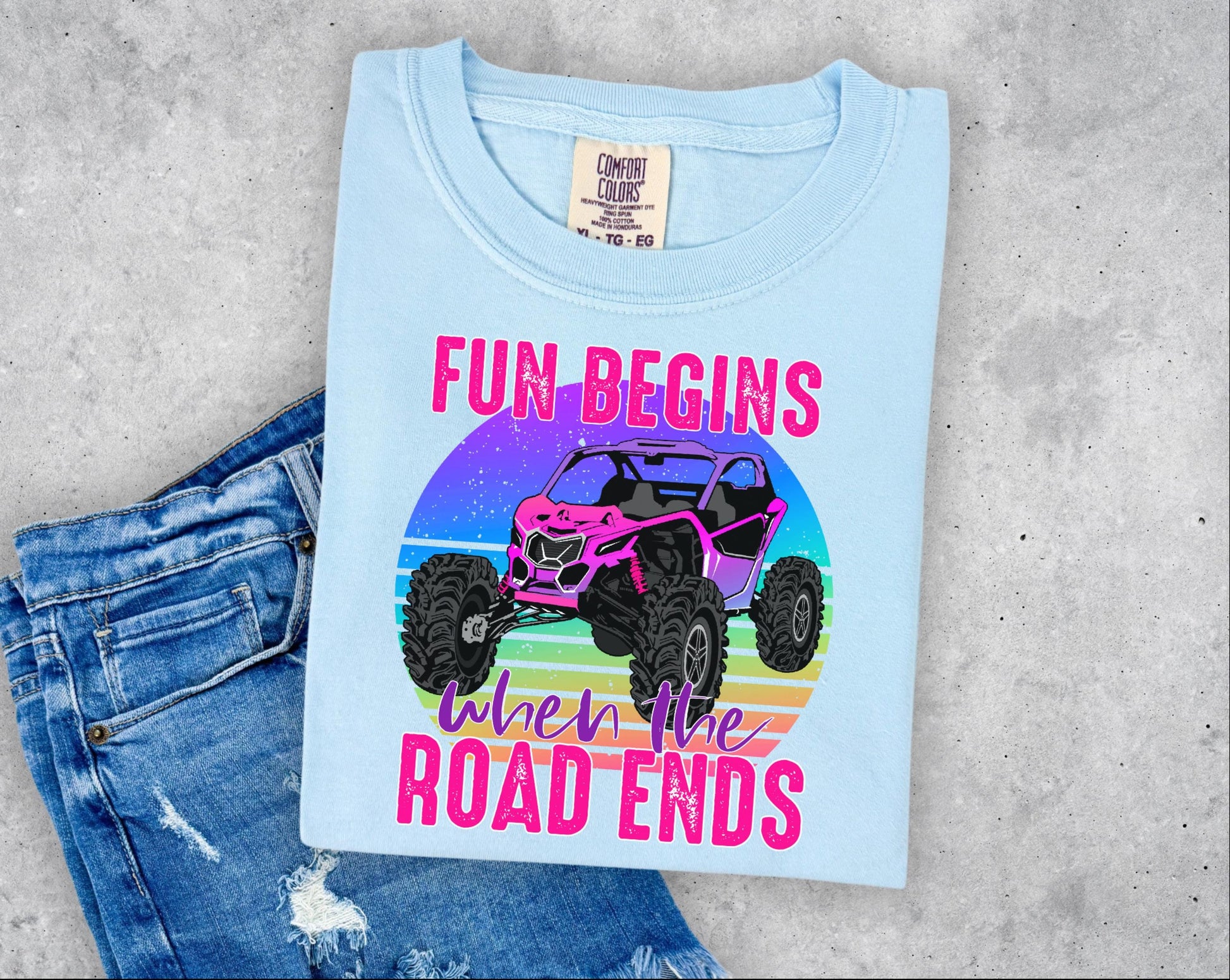 FUN begins where the road ends, Comfort Colors Chambray, women's, off road, muddin