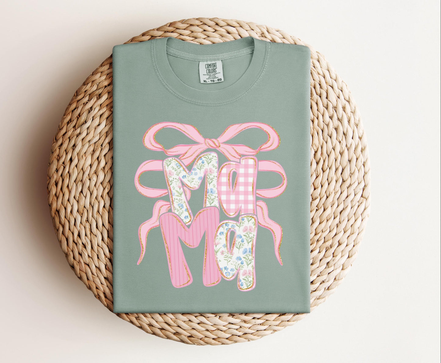 Mama with pink bow T-shirt on Comfort Colors Bay, women's, mama, coquette, bow