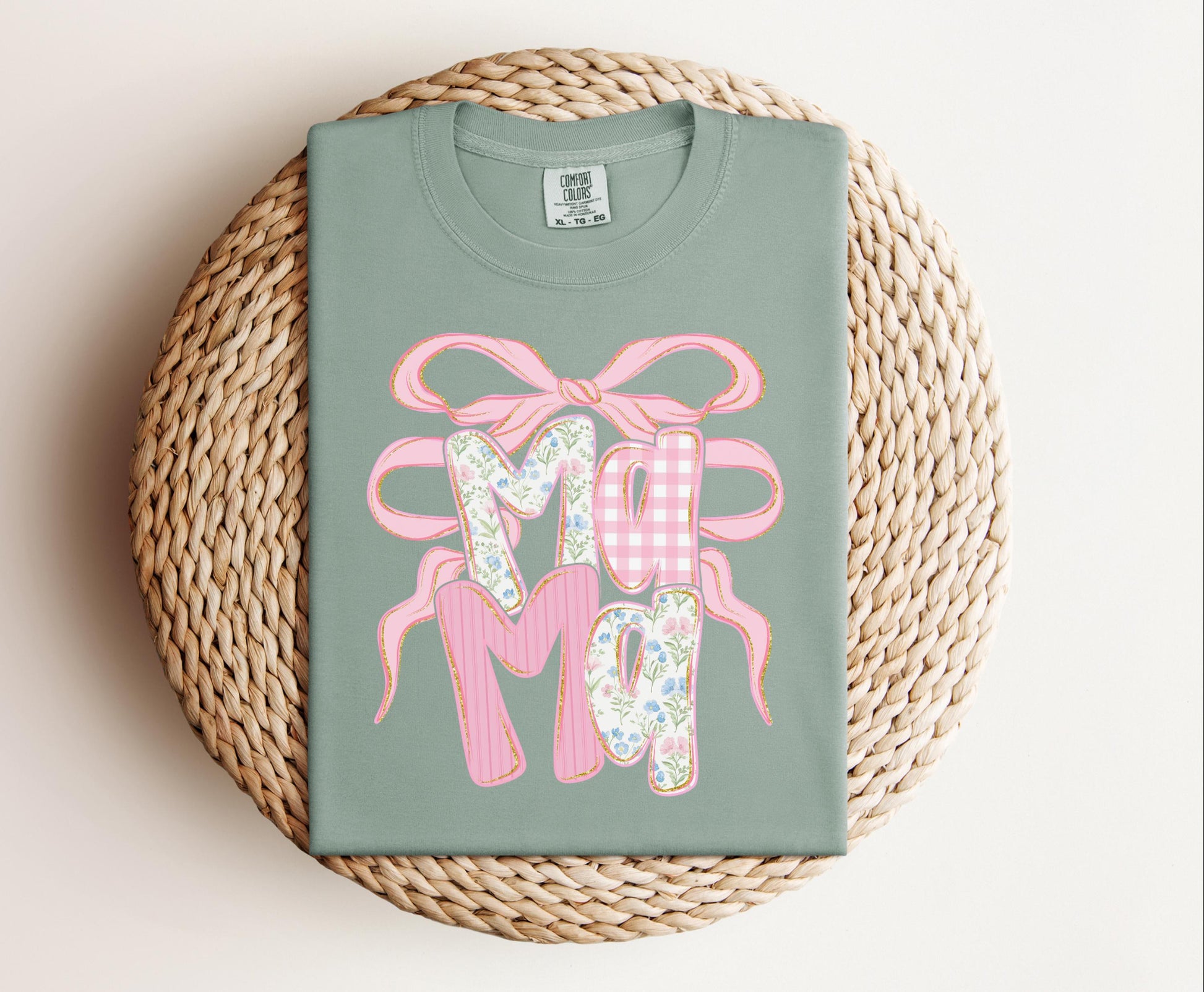 Mama with pink bow T-shirt on Comfort Colors Bay, women's, mama, coquette, bow