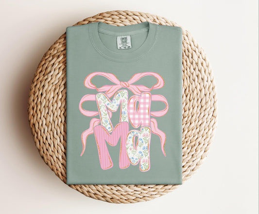 Mama with pink bow T-shirt on Comfort Colors Bay, women's, mama, coquette, bow