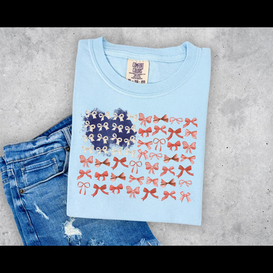 Coquette USA Flag T-shirt on Comfort Colors Chambray, America, Labor Day, Free, Stars Stripes