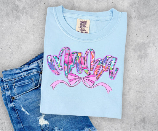 Mama Floral with bow T-shirt on Comfort Colors Chambray, mama, purple, flowers, bow