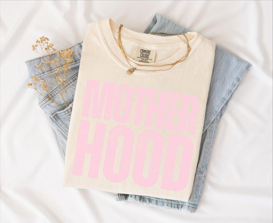 Motherhood T-shirt on Comfort Colors Ivory, mother, mama, fun, pink