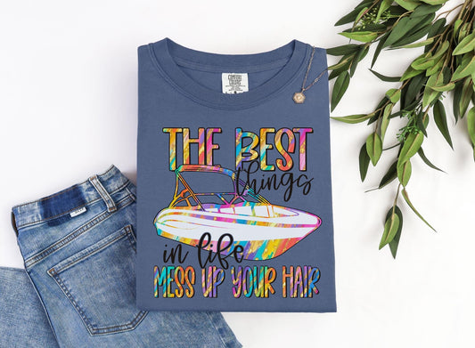 Best Things Summer, Mess hair, Comfort Colors Denim, women's, lake, boat, swim