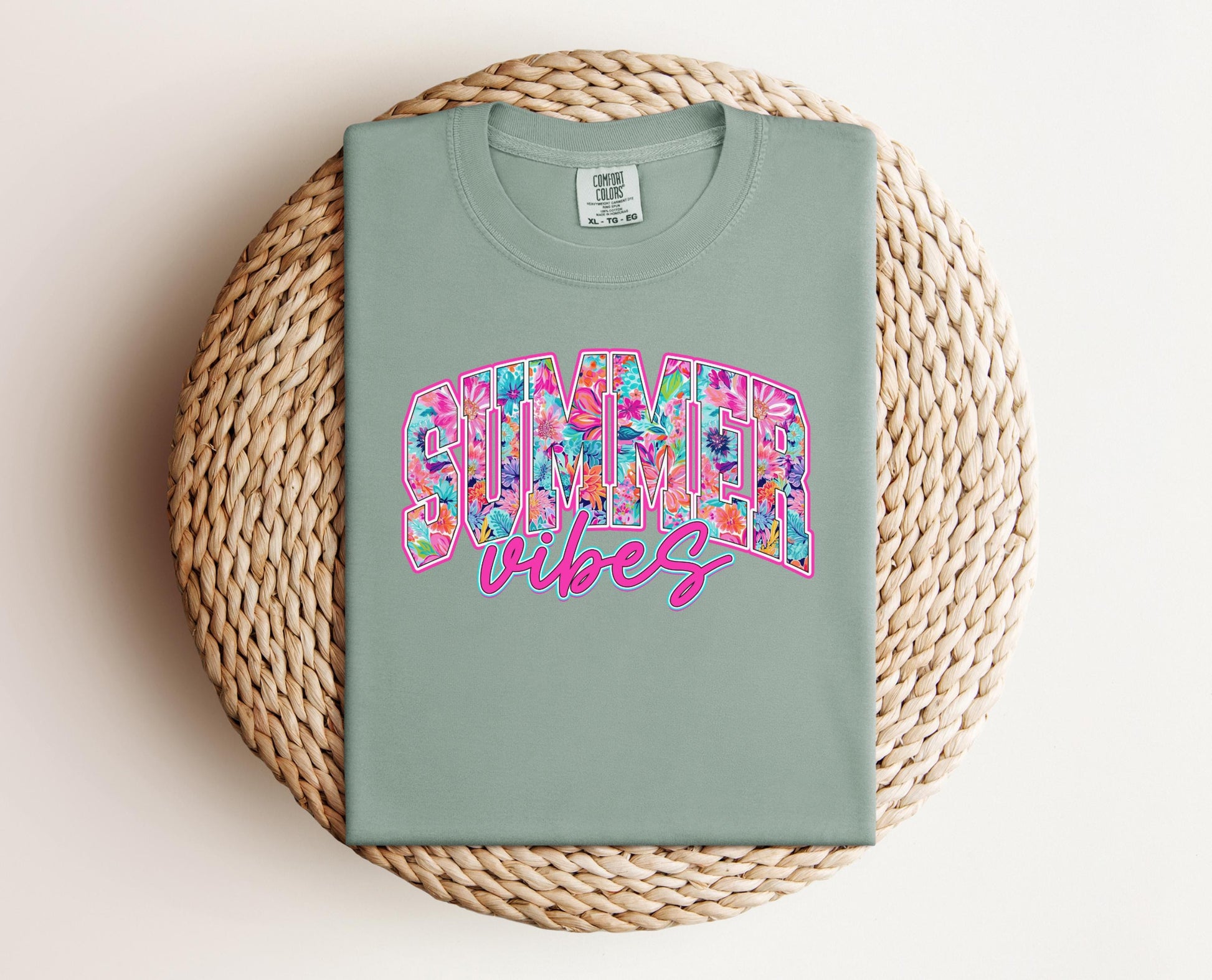 Summer Vibes T-shirt on Comfort Colors Bay, women's, summer, floral, preppy, neon