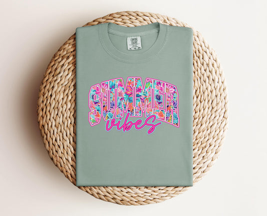 Summer Vibes T-shirt on Comfort Colors Bay, women's, summer, floral, preppy, neon