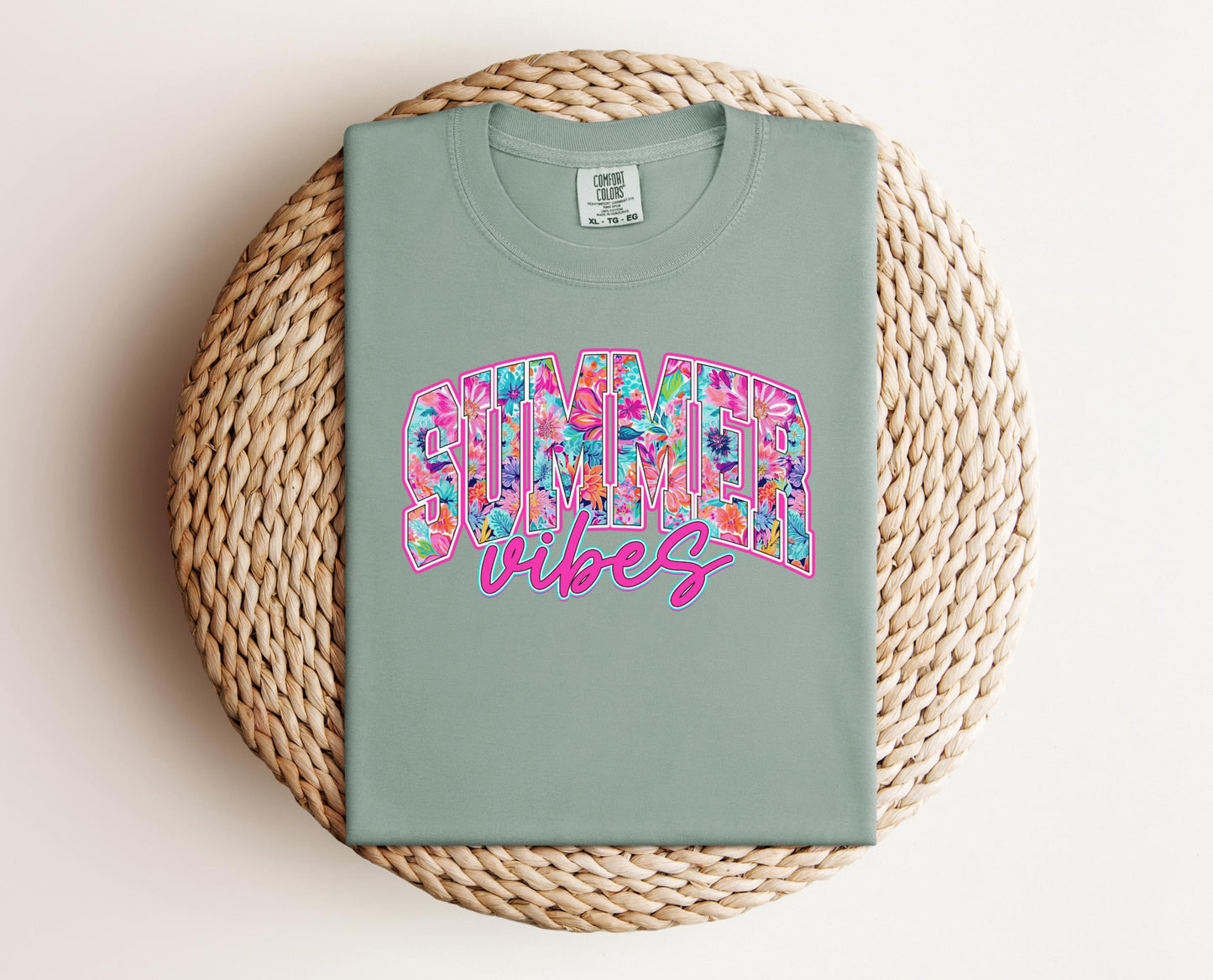 Summer Vibes T-shirt on Comfort Colors Bay, women's, summer, floral, preppy, neon