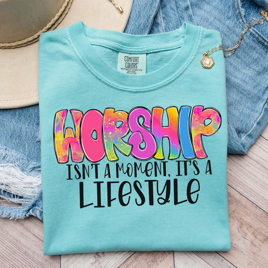 Worship is a lifestyle T-shirt on Comfort Colors Chalky Mint, women's, christian, religious