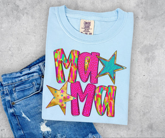 Mama Stars T-shirt on Comfort Colors Chambray, women's, mama, neon, star, bright