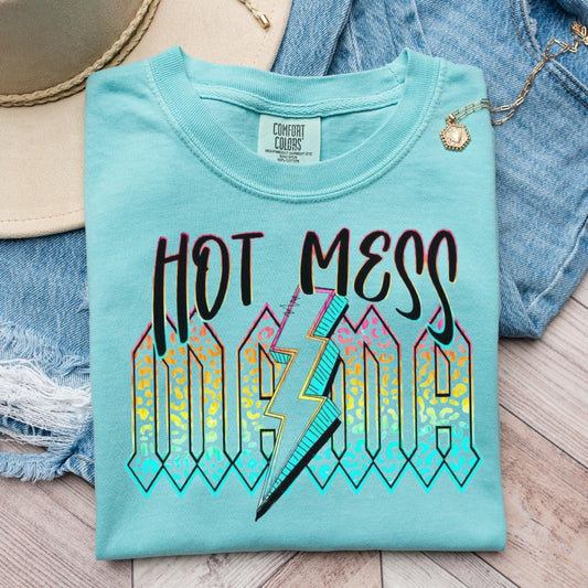 Hot Mess Mama T-shirt on Comfort Colors Chalky Mint, women's, mama, neon, hot mess, strike