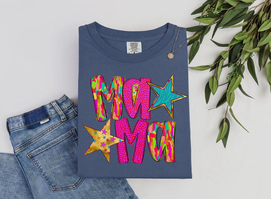 Mama Stars T-shirt on Comfort Colors Denim, women's, mama, neon, star, bright