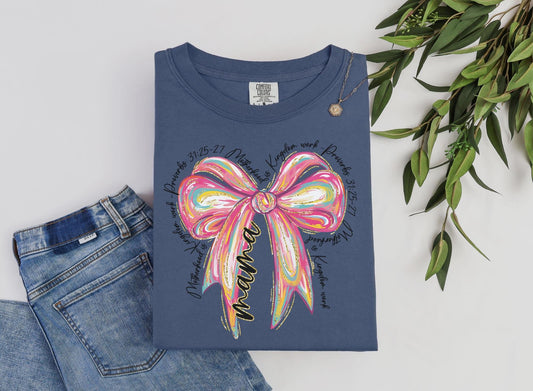 Christian Mama Pink Bow T-shirt on Comfort Colors Denim, women's, preppy, proverbs