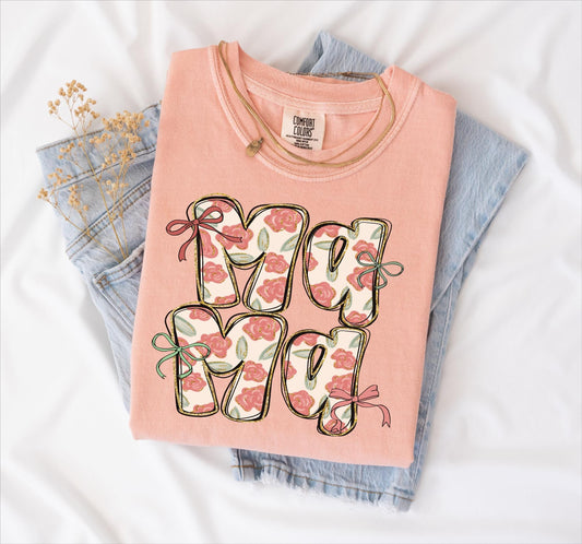 Mama with roses T-shirt on Comfort Colors Peachy, women's, mama, roses, floral