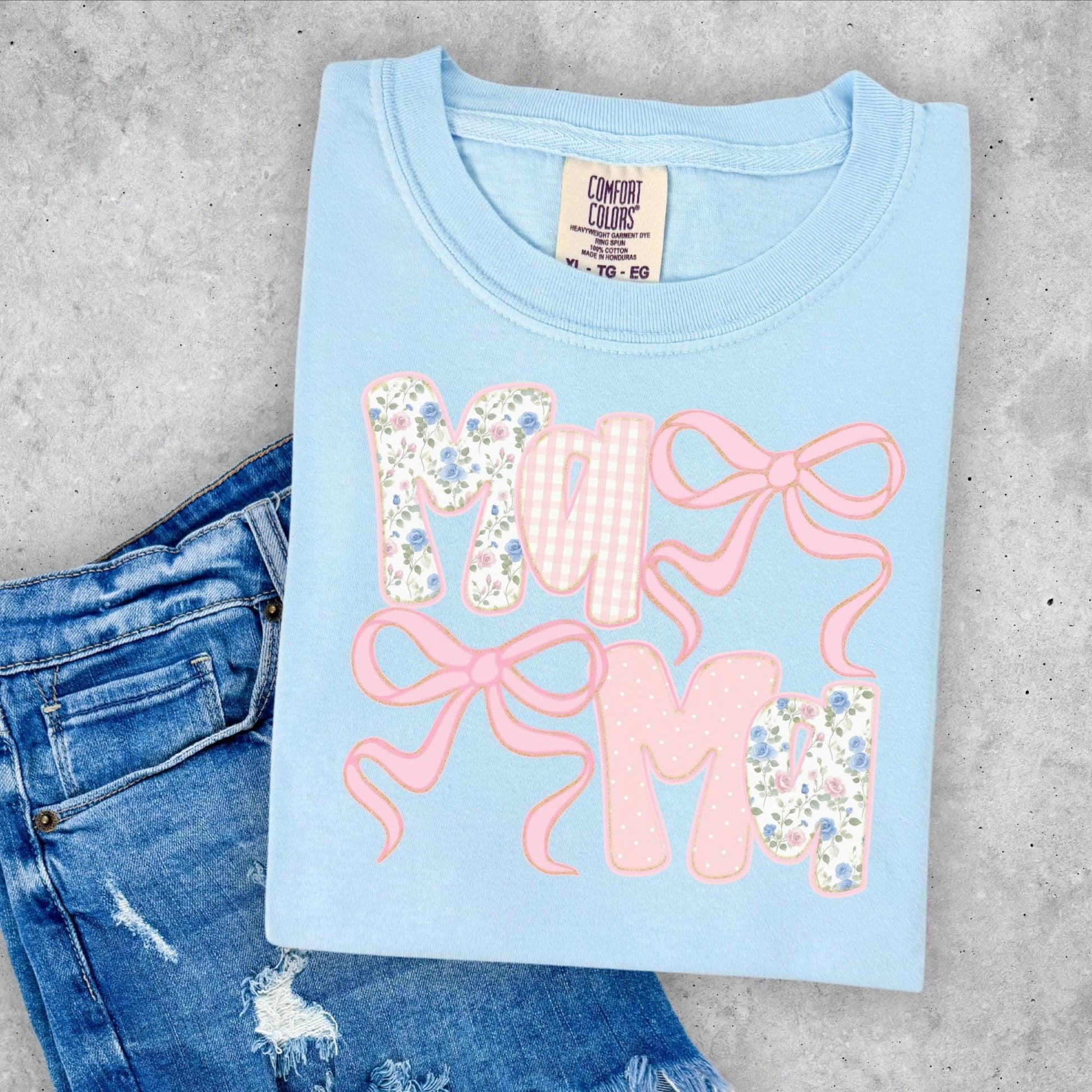 Mama T-shirt, Pink floral dots, Comfort Colors Chambray Blue