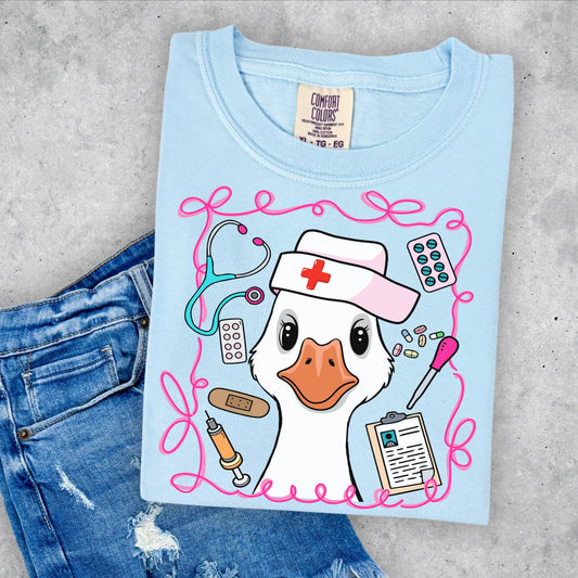 Nurse Goose Coquette T-shirt, Comfort Colors Chambray Blue Preppy