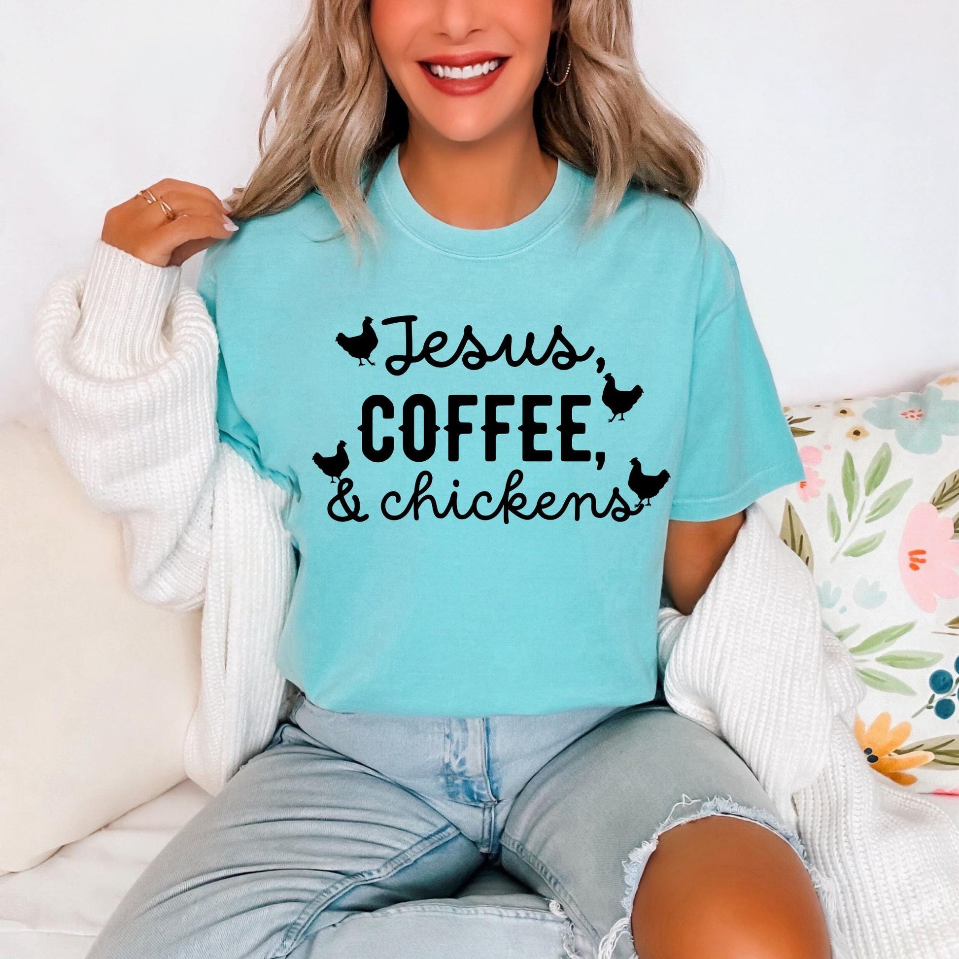 Jesus, Coffee, Chickens T-shirt on Comfort Colors chalky mint