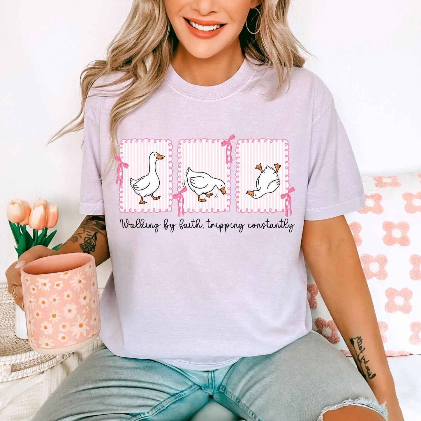 Walking by Faith but Tripping T-shirt, Goose, Comfort Colors Lilac