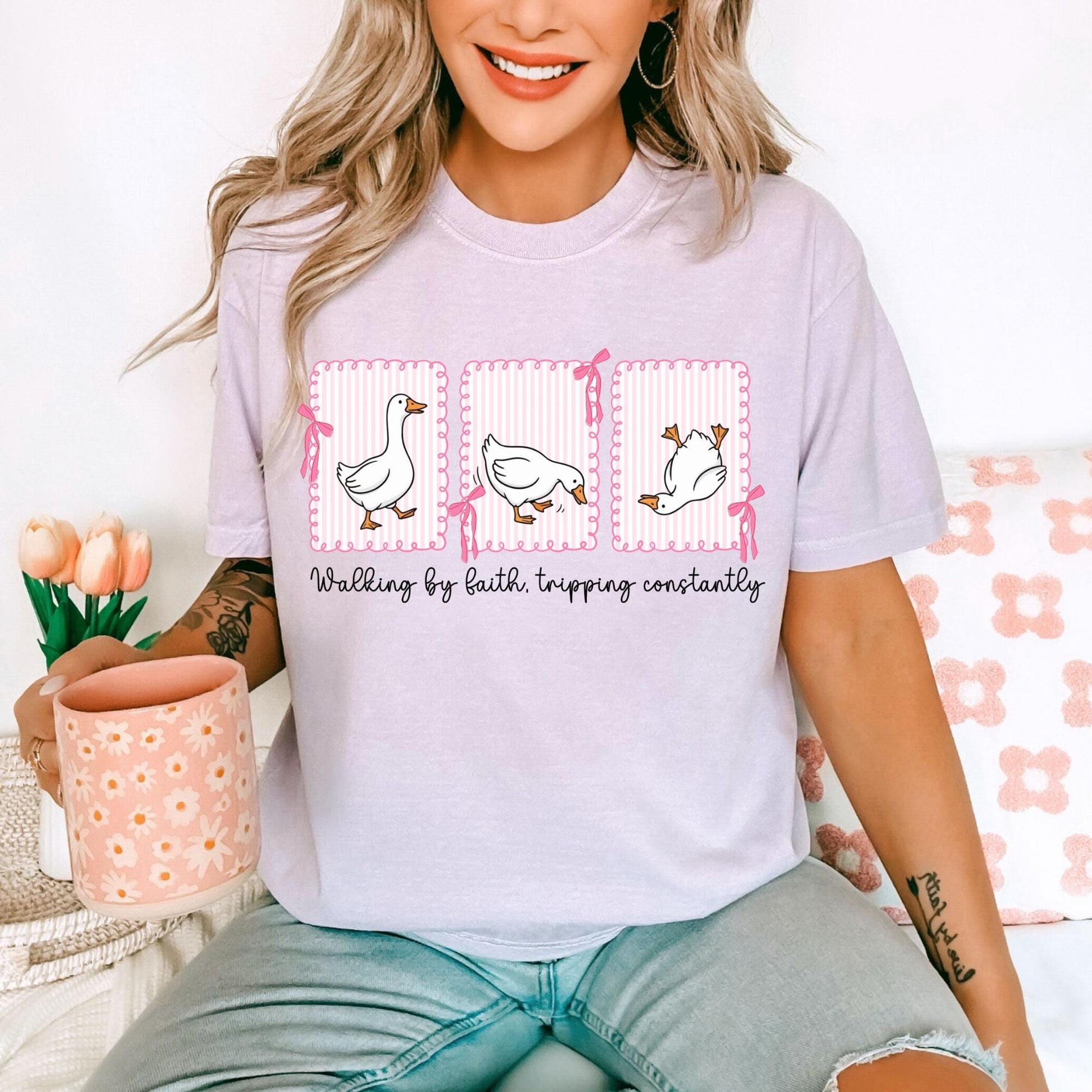 Walking by Faith but Tripping T-shirt, Goose, Comfort Colors Lilac